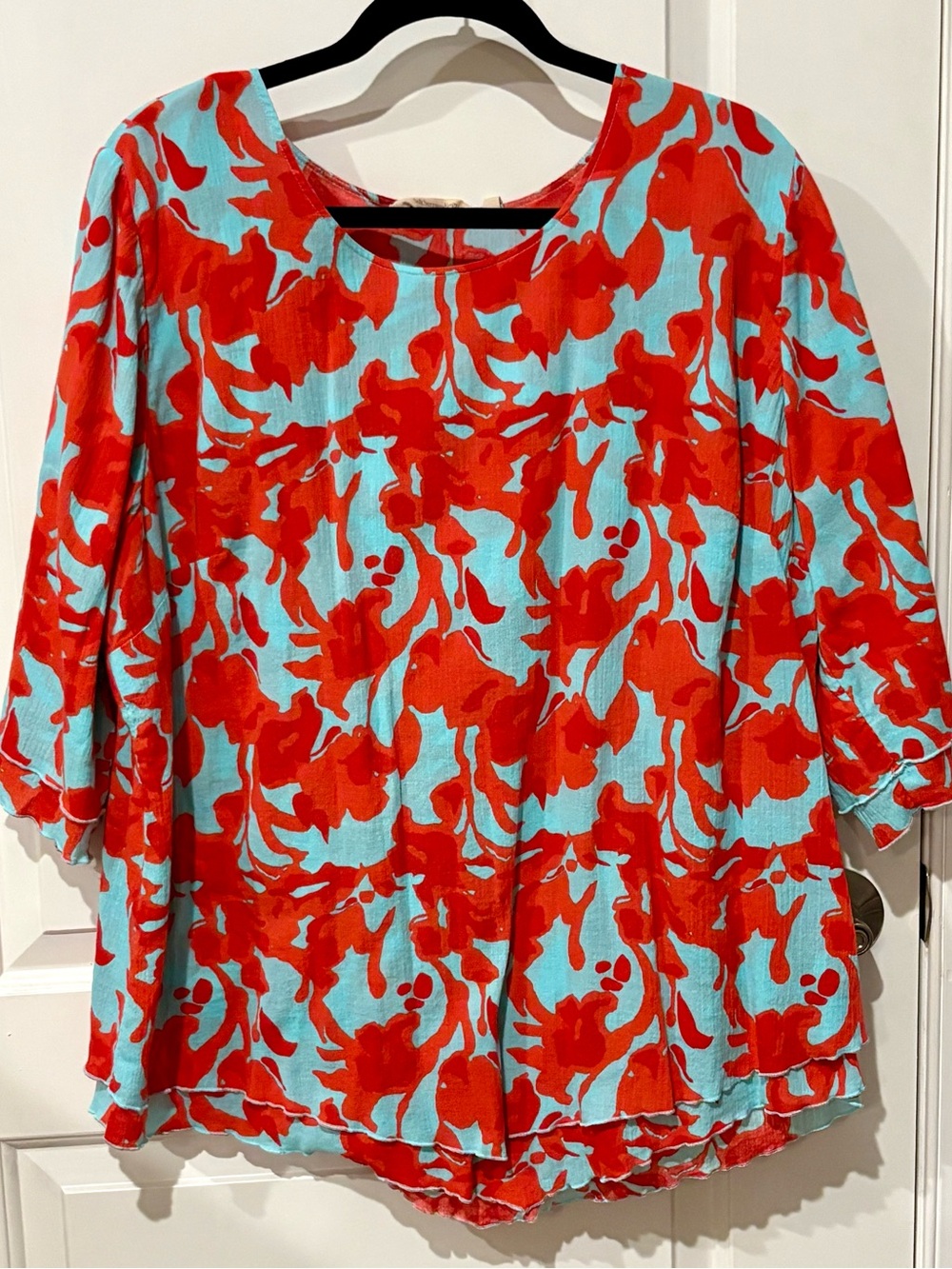 Soft Surroundings Aqua and Coral Floral Scoop-Neck Blouse